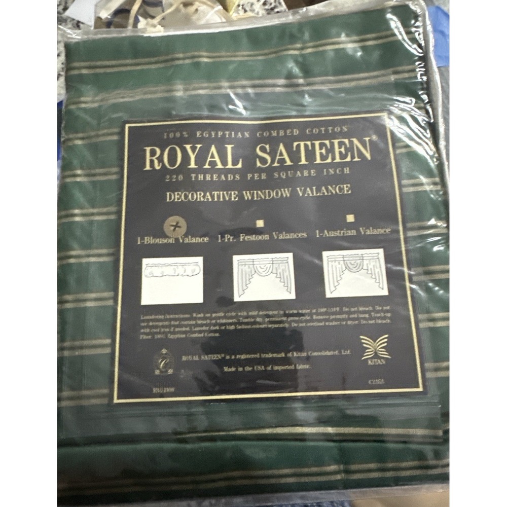 Vintage Royal Sateen Egyptian Cotton Window Valance Green Striped‎ NOS Package